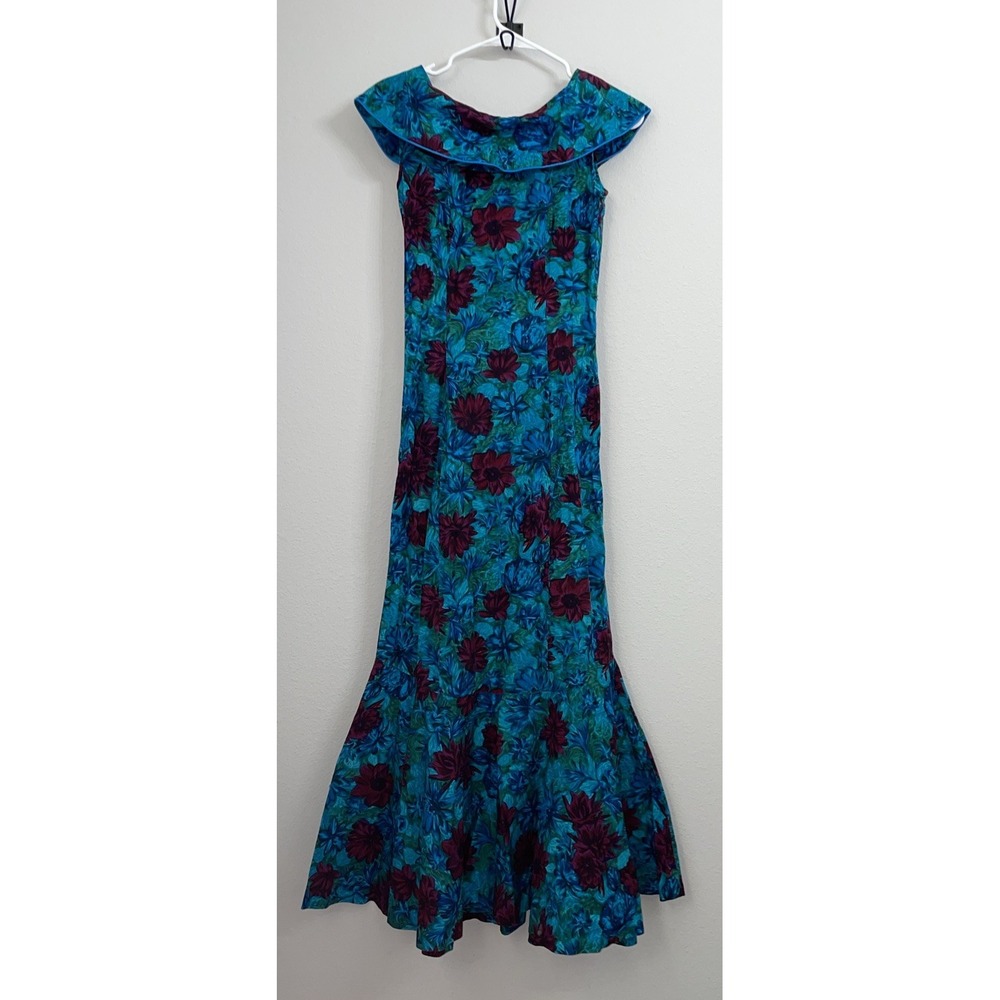 Vintage 70s Diane's Honolulu Floral Shift Dress Blue Pink Mod Maxi Dress